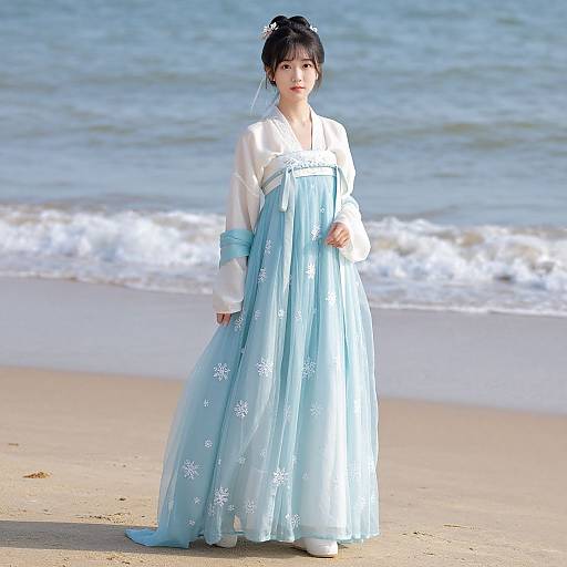 Elegant Woman in Snowflake Hanfu Skirt
