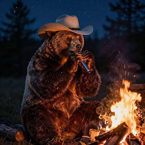 Photograph of a brown bear wearing a cowboy hat, sitting by a campfire at night, smoking a cigarette, with a dark forest background.