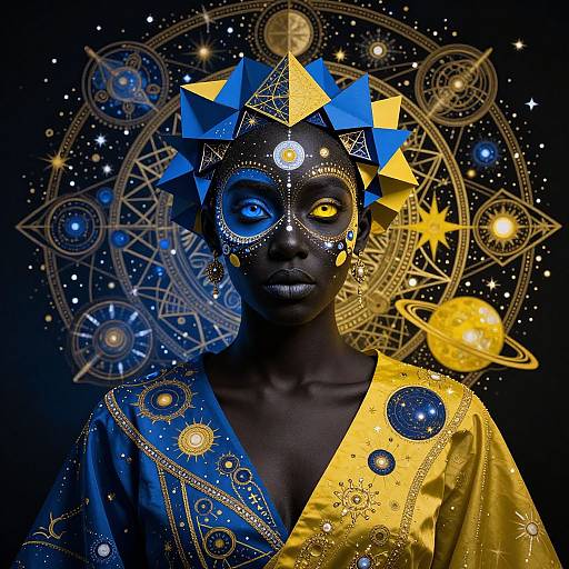 Photograph of a dark-skinned person with blue and yellow geometric headpiece, star-patterned mask, and vibrant, celestial-patterned robe against a