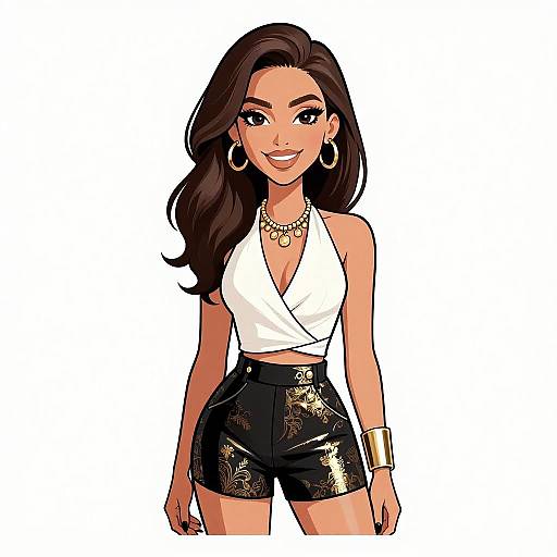 Digital illustration of a confident woman with long brown hair, wearing a white halter top, black floral shorts, gold necklace, earrings, and bracelet,