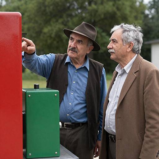 Older Men by Colorful Machinery Scene