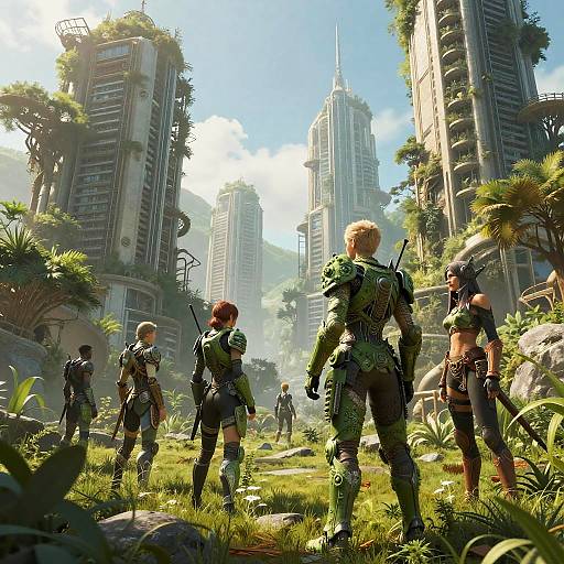 Digital artwork of a futuristic cityscape with tall, overgrown skyscrapers. Five armored soldiers in green and black gear stand in a grassy,