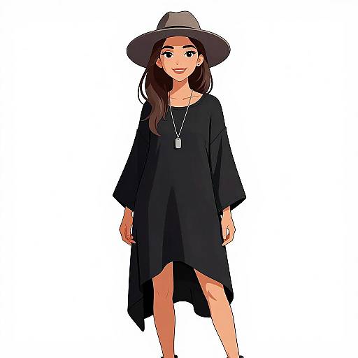 Digital illustration of a smiling young woman with long brown hair, wearing a black, asymmetrical dress and wide-brimmed hat, and a long necklace