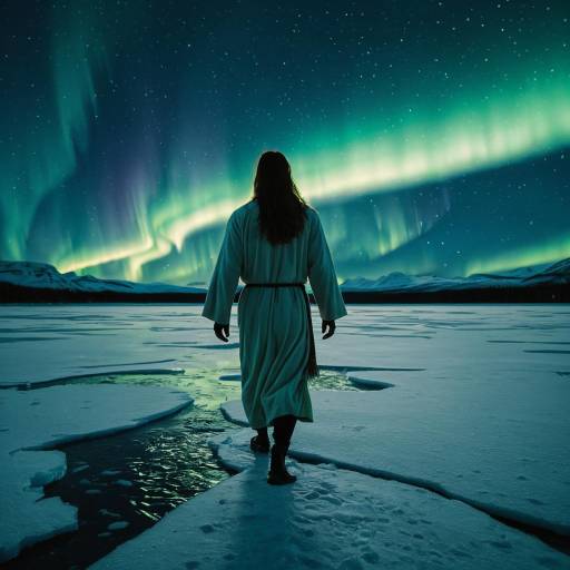 Figure Walking on Frozen Lake with Aurora Borealis