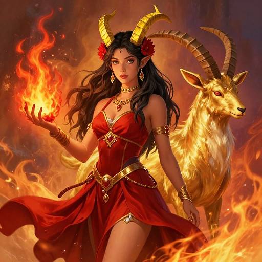 Digital fantasy artwork: Dark-haired woman with red dress, golden horns, and red flower, holding fire, stands with glowing golden goat in fiery background.