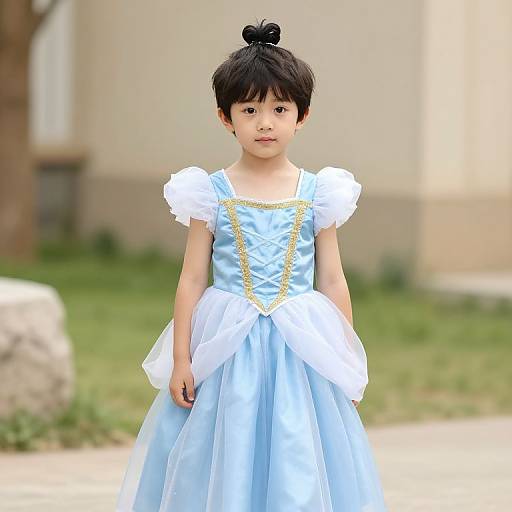 Photograph of an Asian girl with dark hair in a bun, wearing a light blue, puffed-sleeve princess dress with white trim, standing