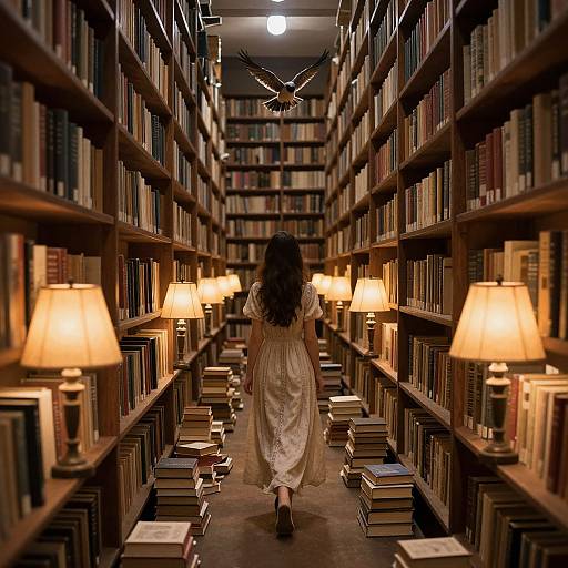 Photograph of a woman in a white lace dress walking down a dimly lit library aisle with bookshelves, lit lamps, and stacked books,