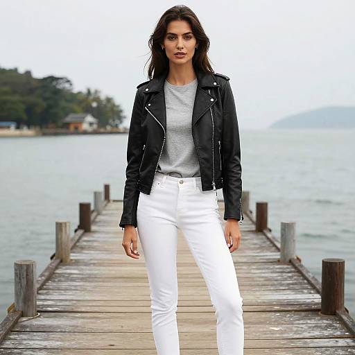 Photograph of a confident woman with long dark hair, wearing a black leather jacket, gray tee, and white jeans, standing on a wooden pier by