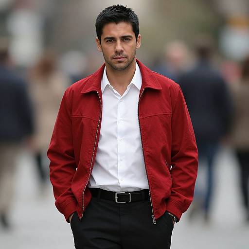 Photograph of a handsome, dark-haired man with a trimmed beard, wearing a red jacket over a white shirt and black pants, standing confidently in a
