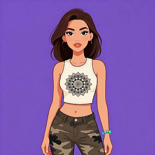 Digital illustration of a cute, brown-haired woman with hoop earrings, wearing a white crop top with a geometric design, and camo pants, against a