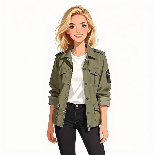 Digital illustration of a smiling blonde woman with wavy hair, wearing an olive-green military-style jacket, white shirt, and black jeans.