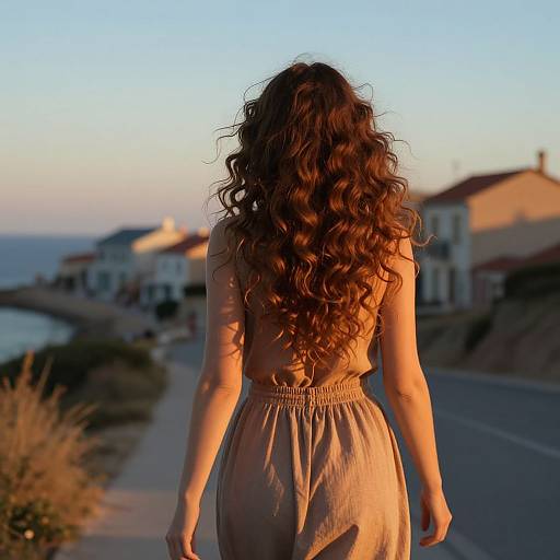 Woman with Layered Curls in Coastal Dawn