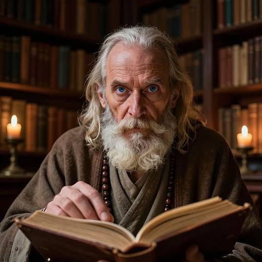 Photograph of an intense, elderly man with long white hair and beard, blue eyes, wearing a brown robe, reading a book in a dimly
