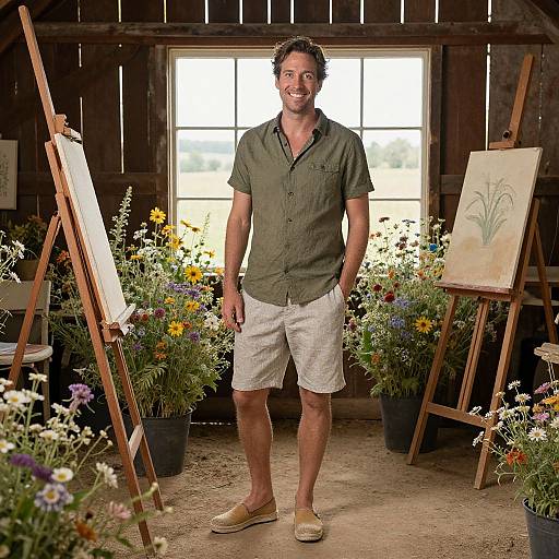 Photograph of a smiling, medium-build man with short dark hair, wearing a green shirt, white shorts, and tan shoes, standing in a wooden