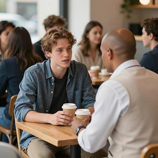 Young Men Talking Over Coffee in Cafe