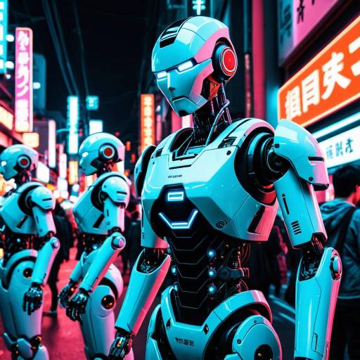 Futuristic Robots in Neon Cityscape