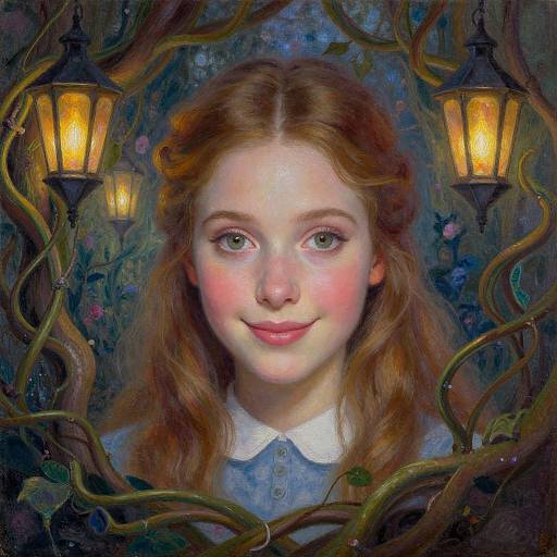 Digital painting of a fair-skinned, red-haired girl with pink cheeks, wearing a white-collared blue shirt, framed by twisted vines and two
