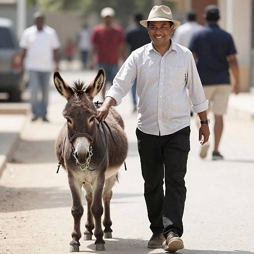 Smiling Man Walking Donkey Outdoors