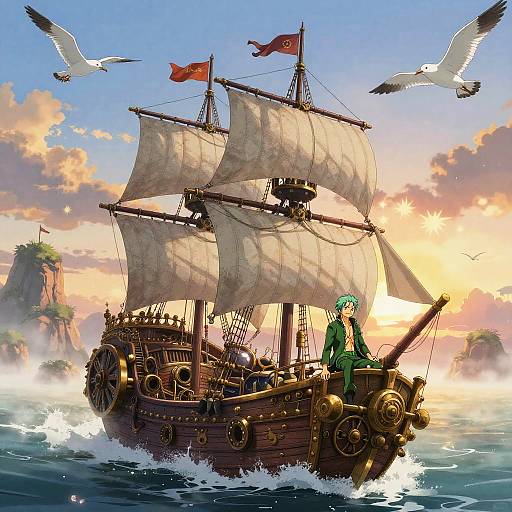 Digital anime-style artwork of a vintage wooden ship with sails, green-haired sailor standing, seagulls flying, sunset sky, and ocean waves.