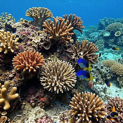 Vibrant underwater photograph of a coral reef with blue and yellow fish, various corals, and a clear blue ocean background.
