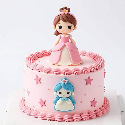 Photograph of a pink-themed birthday cake with a brown-haired, pink-dress fondant princess on top and a blue-haired, white-dress fond