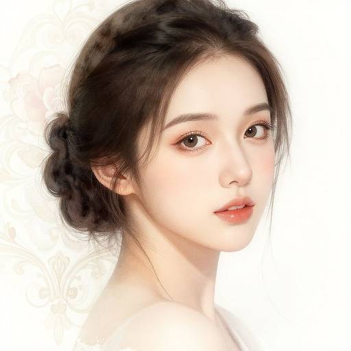 Digital portrait of a young Asian woman with fair skin, dark hair in a loose braid, soft pink lips, and gentle brown eyes, against a