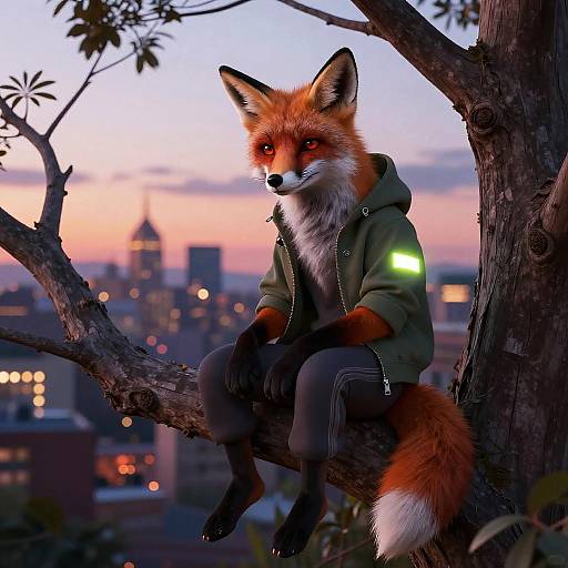 Anthropomorphic red fox in green hoodie, sitting on tree branch at dusk, city skyline with colorful sunset in background. Digital art.