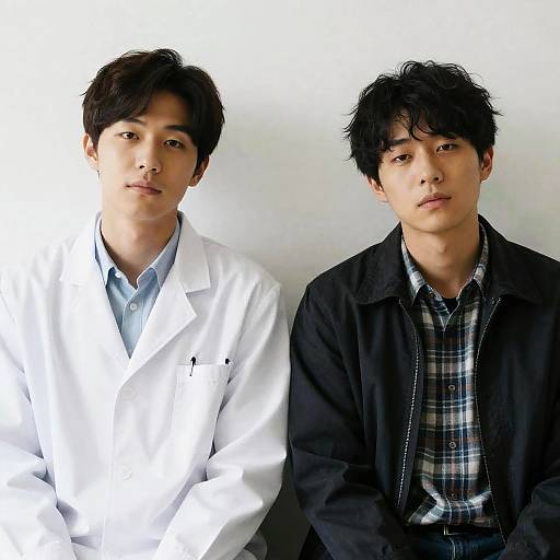 Two Asian men sitting against plain wall