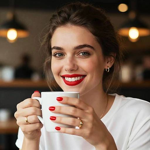 Smiling Woman with Red Lipstick and Mug