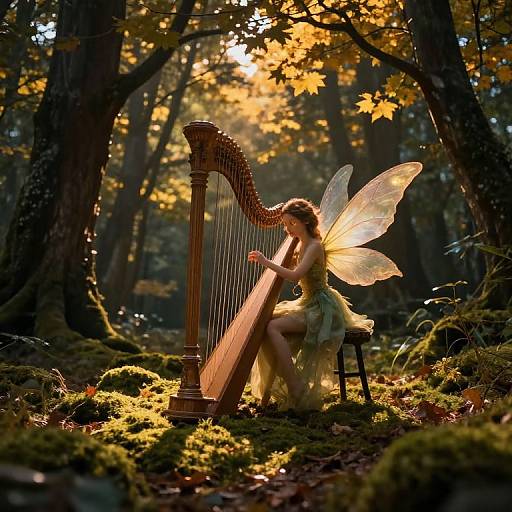 Photograph of a fairy with translucent wings playing a wooden harp in a sunlit, mossy forest, wearing a green dress.