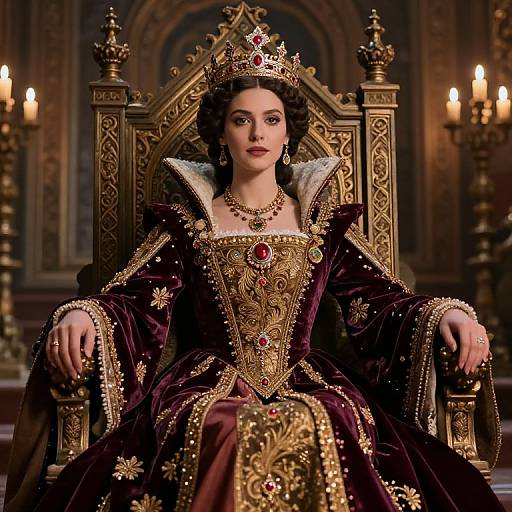 Digital artwork of a regal woman with dark curly hair, wearing an ornate purple velvet gown, gold embroidery, and a jeweled crown, seated