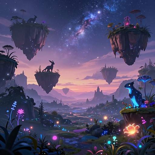 Fantasy digital art: floating islands with creatures, neon flora, starry sky, galaxy, sunset, and mystical landscape under twilight. Magical, vibrant