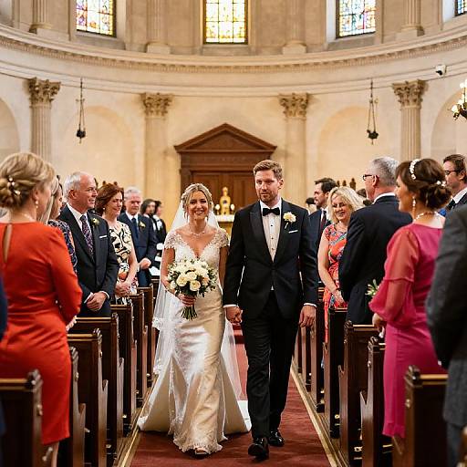 Photograph of a bride in a white lace gown and bouquet, and groom in a black tuxedo, walking down the aisle in a cathedral.