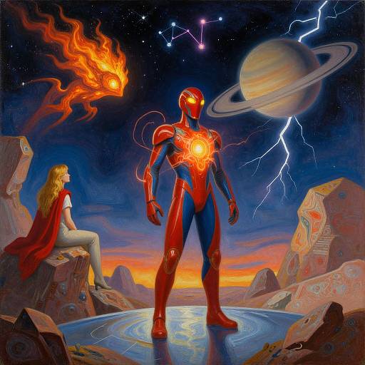 Digital painting of a muscular, red and blue superhero with glowing orange emblem, standing on rocky planet, beside a blonde woman in red cape, under star
