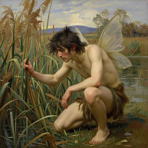 Realistic painting of a fair-skinned, dark-haired fairy boy with translucent wings, crouching by a reedy waterbank, touching tall grass