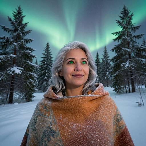 Photograph of a smiling woman with silver hair, green eyes, wearing a snow-dusted orange wool cloak, standing in a snowy forest under vibrant green