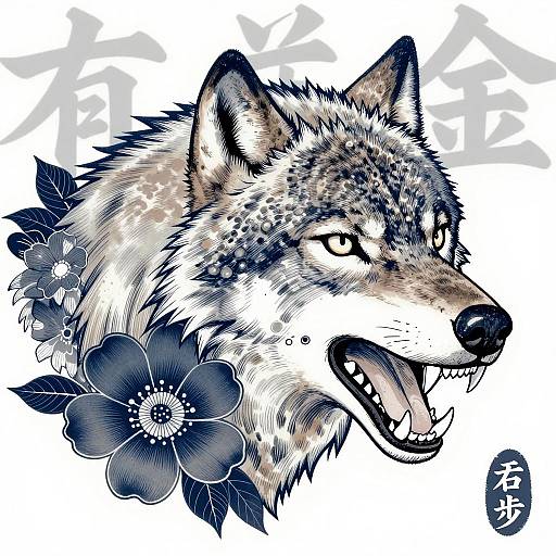 Fierce Wolf and Floral Fusion Illustration