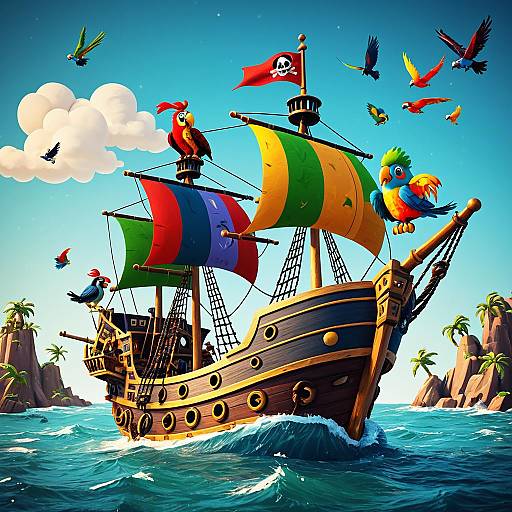 Colorful Cartoon Pirate Ship with Parrots