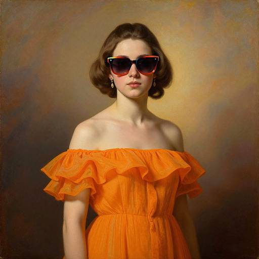 Photograph of a fair-skinned woman with short brown hair, wearing large black sunglasses, an off-shoulder orange ruffled dress, and dangling
