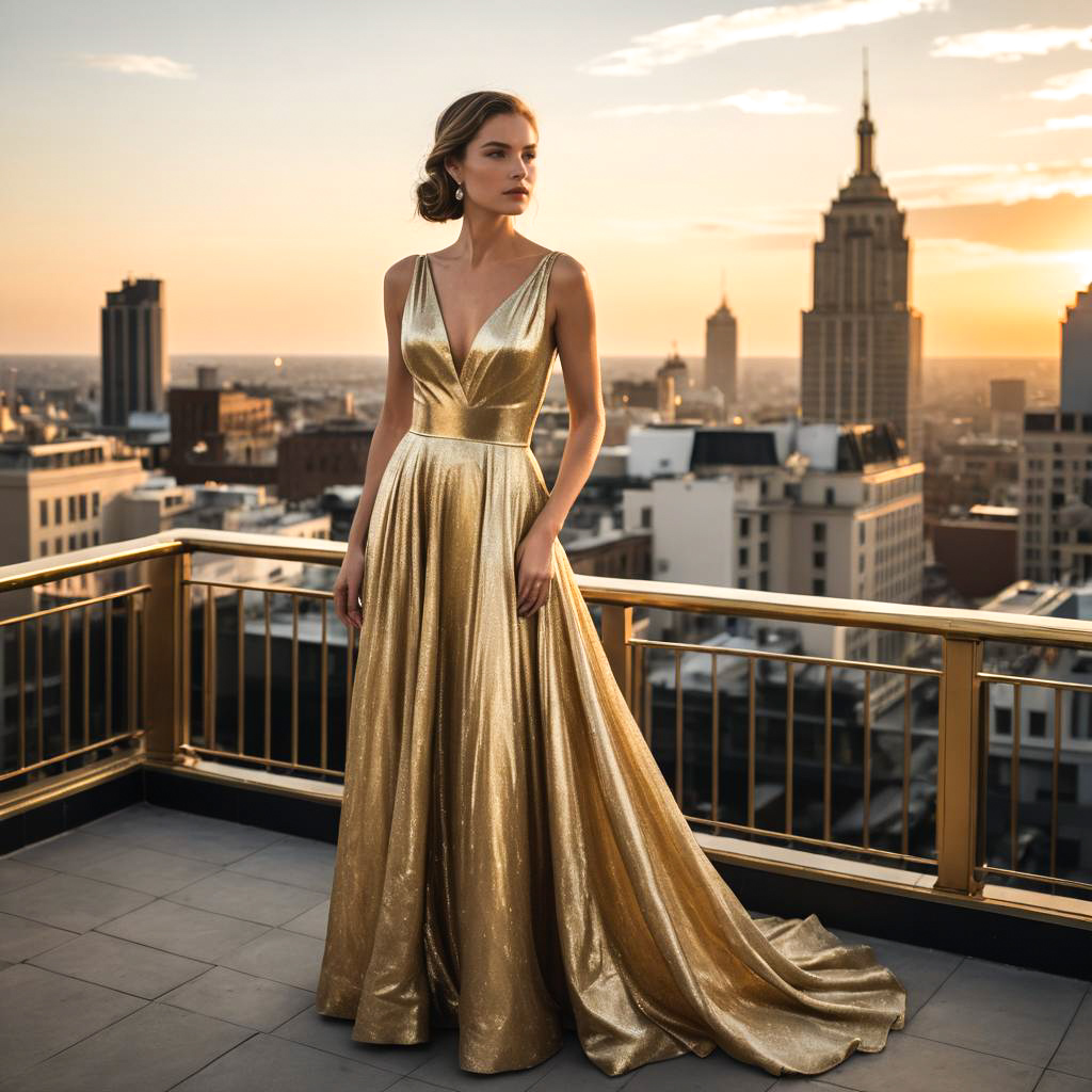 Elegant Woman in Gold Gown on Terrace