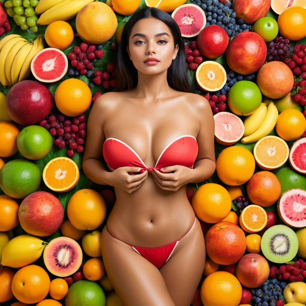 Confident Woman Surrounded by Ripe Fruits