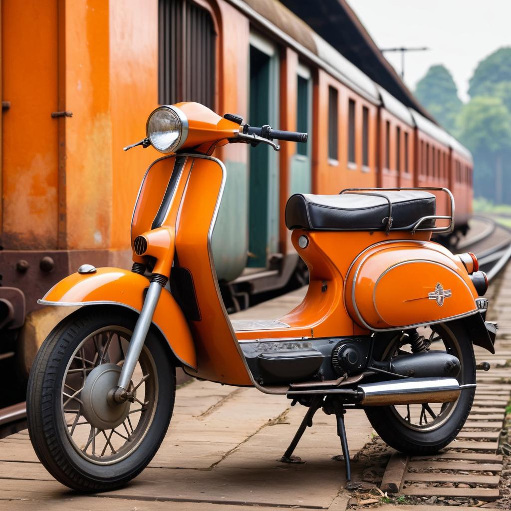 Fiery Vintage Moped on Railway Platform