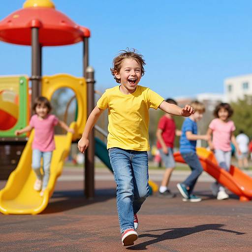 Photograph of a joyful young girl with curly brown hair, wearing a yellow shirt and blue jeans, running in a sunny playground with colorful play structures and