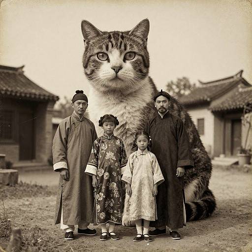 Sepia-toned photograph of an Asian family with a giant, superimposed tabby cat's face, standing in front of traditional buildings. Family