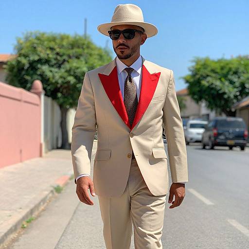 Photograph of a stylish man in a beige suit with red lapels, black tie, white shirt, beige hat, and sunglasses, walking down a