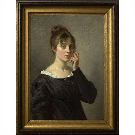 Realistic oil painting of a young woman with fair skin, brown hair in a bun, wearing a black dress with white lace, framed in a gold