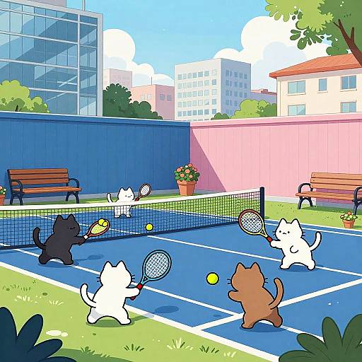 Comic Cats Playing Tennis Rooftop