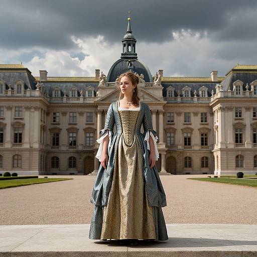 Photograph of a young woman in an ornate, blue and gold Renaissance-style dress, standing in front of a grand, baroque-style chateau