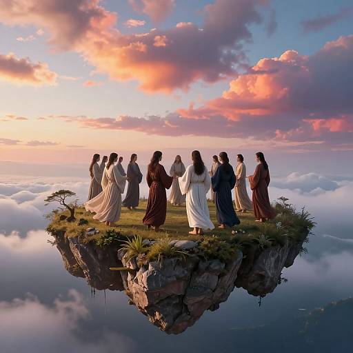 Photograph-style digital art of 12 robed figures standing on a grassy, rocky island in the clouds at sunset, with vibrant pink and orange