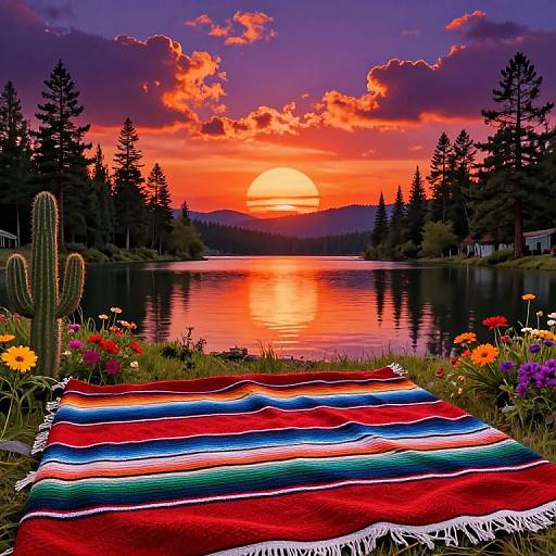 Vibrant sunset over a reflective lake, framed by tall pine trees. A colorful striped blanket lies on grass, surrounded by flowers and a cactus